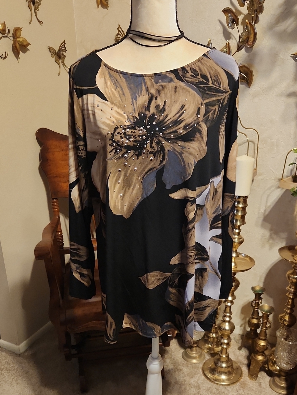 Susan Graver Black and Tan Floral Artisan Tunic